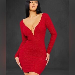 Red Glimmer Long Sleeve Mini Dress NWT